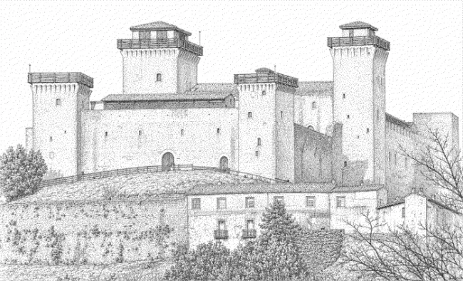 Disegno della veduta della Rocca Albornoziana di Spoleto