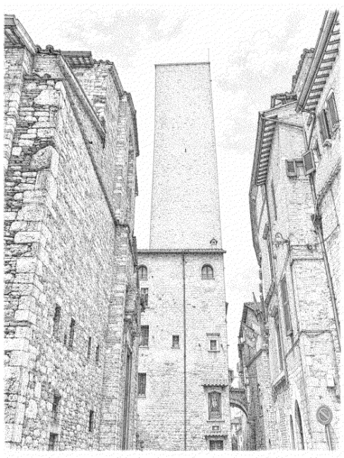 Disegno della torre degli Sciri da via dei Priori