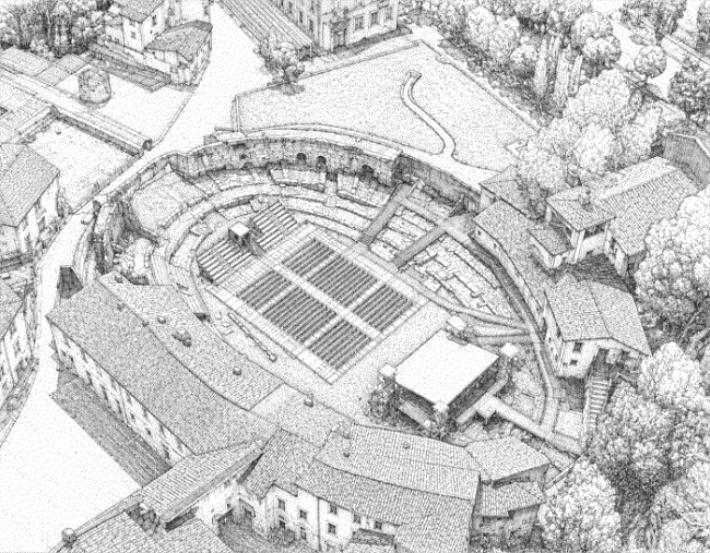 Illustrazione dell'Anfiteatro romano visto dall'alto