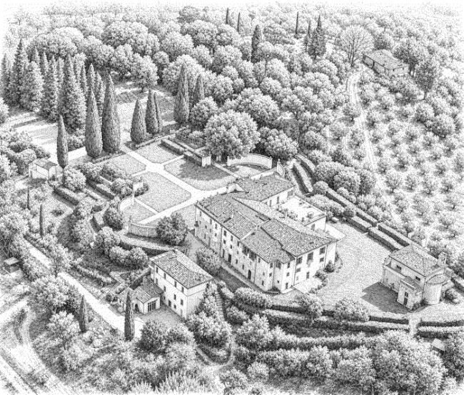 Disegno del Parco di villa Pianciani dall'alto