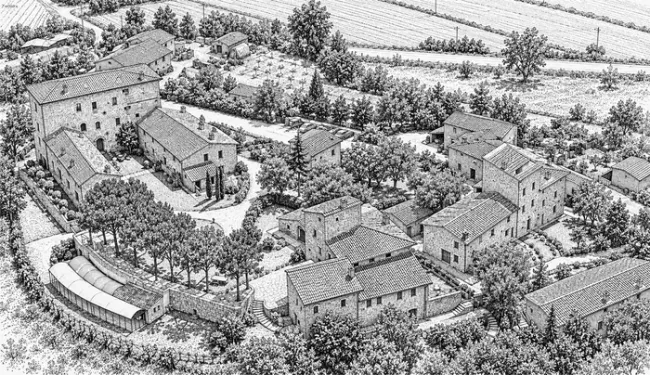 Disegno della veduta dall'alto del complesso di Castello di Monticelli